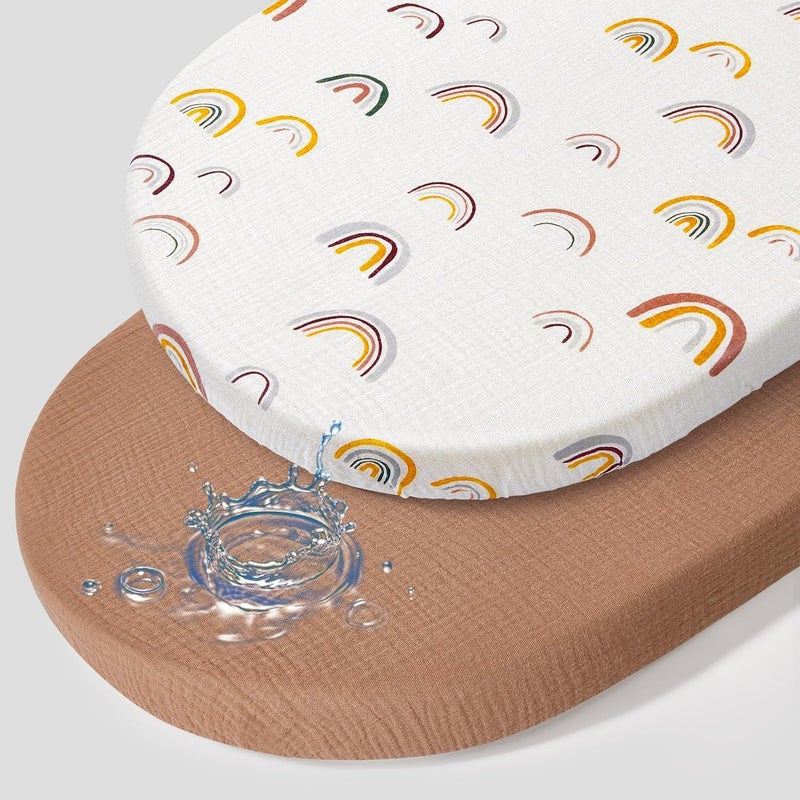 BeBeJoJo Baby Bassinet Sheets TPU Waterproof 2 Pack Soft Muslin Bedside Bassinet Mattress Sheets with Bottom Elastic Band for Baby Boy Girls Unisex Fit Hourglass Oval and Rectangle, White Rainbow - Image 1